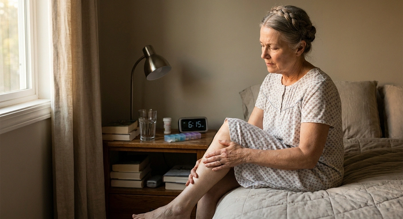 A woman in her mid-60s sits on her bed at dawn calmly working out a calf cramp, reaching for the water glass on her nightstand as part of her response.