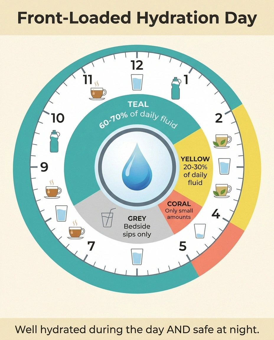 A clock-style infographic showing the front-loaded hydration day with 60-70 percent of fluid intake in the morning arc, 20-30 percent in the afternoon arc, only small amounts in the evening arc, and bedside sips at night.