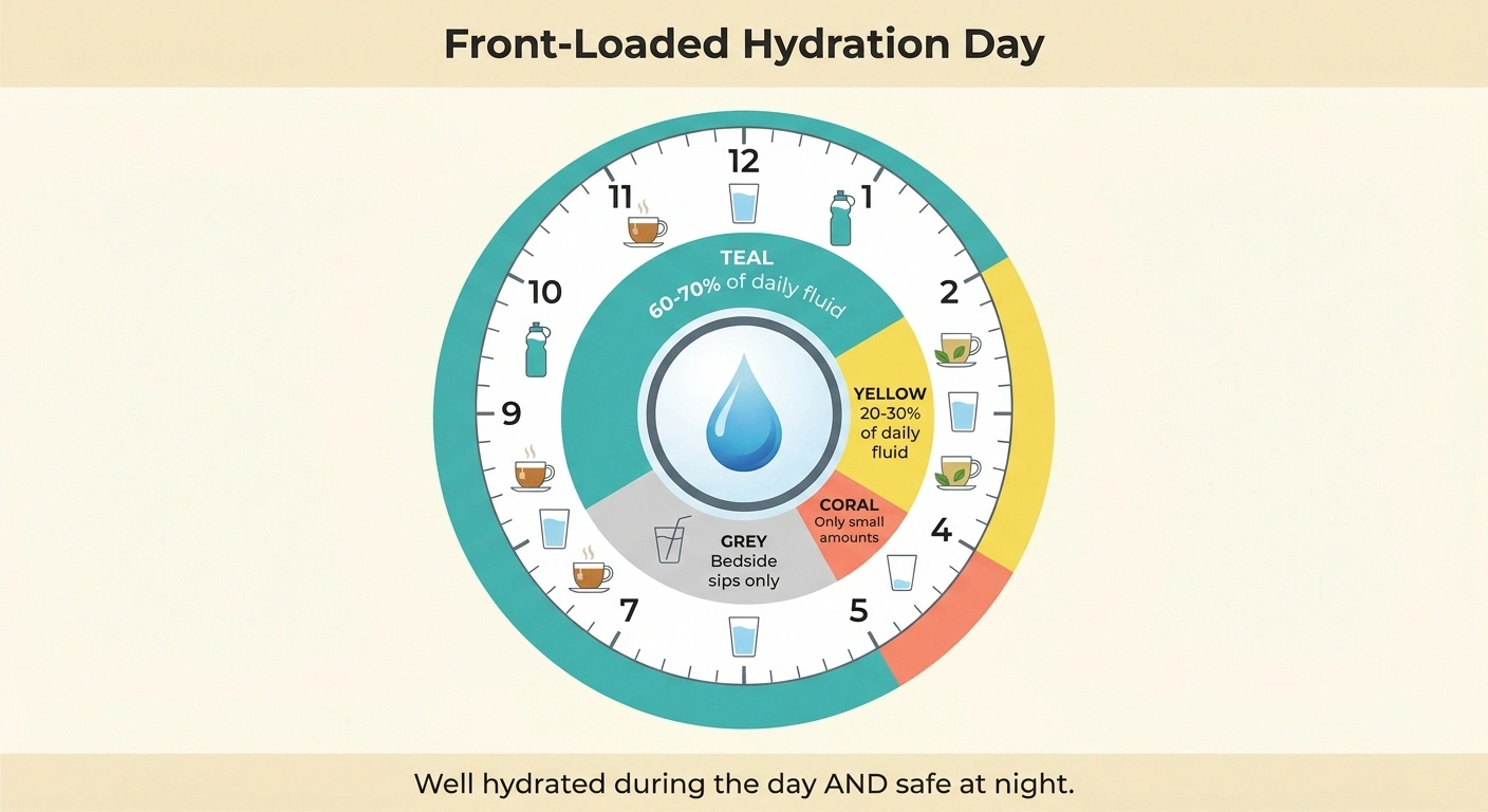 A clock-style infographic showing the front-loaded hydration day with 60-70 percent of fluid intake in the morning arc, 20-30 percent in the afternoon arc, only small amounts in the evening arc, and bedside sips at night.