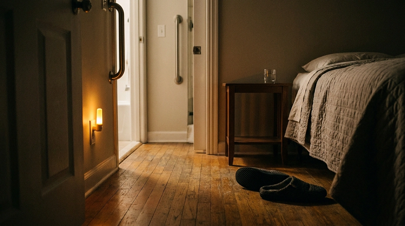 A thoughtfully arranged bedside in the middle of the night with a floor-level nightlight, secure slippers, water on the nightstand, and a clear path to the bathroom, illustrating fall-prevention for neuropathy patients making nighttime bathroom trips.