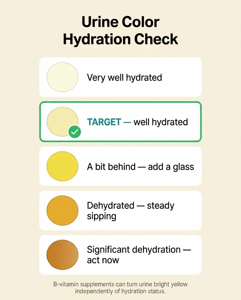A five-row infographic showing the urine color hydration check with color swatches from pale clear through amber, highlighting pale straw yellow as the target.