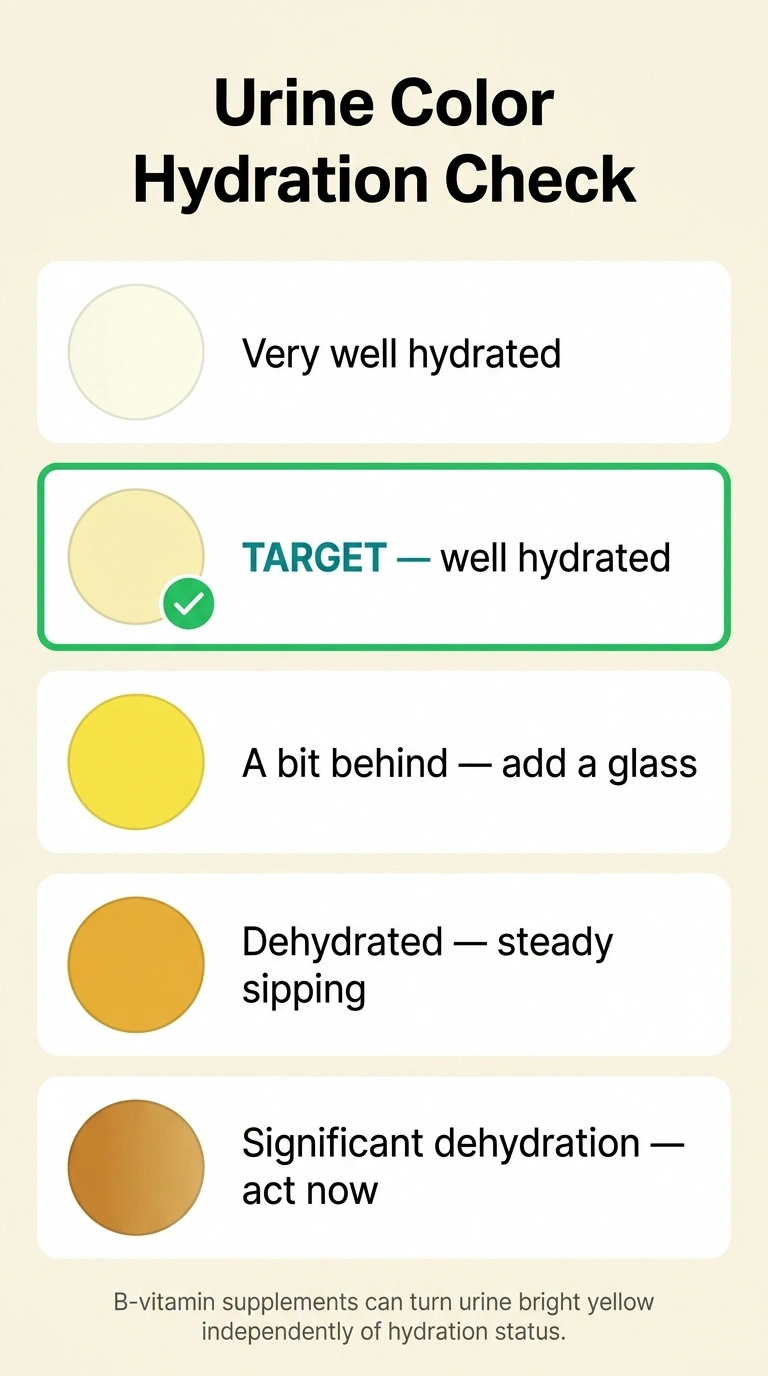 A five-row infographic showing the urine color hydration check with color swatches from pale clear through amber, highlighting pale straw yellow as the target.