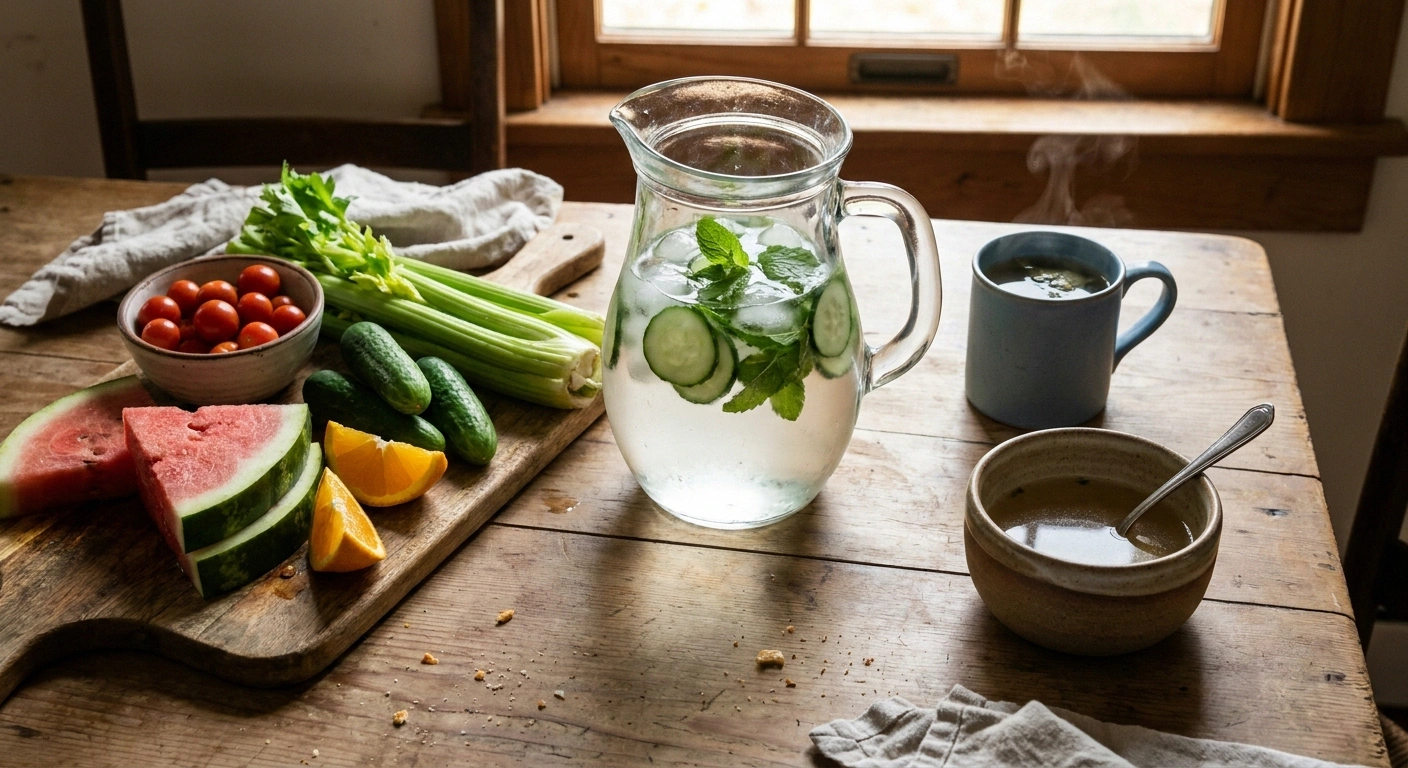 An overhead spread of hydrating foods and beverages on a wooden kitchen table including cucumber water, sliced watermelon, oranges, celery, herbal tea, and low-sodium broth.