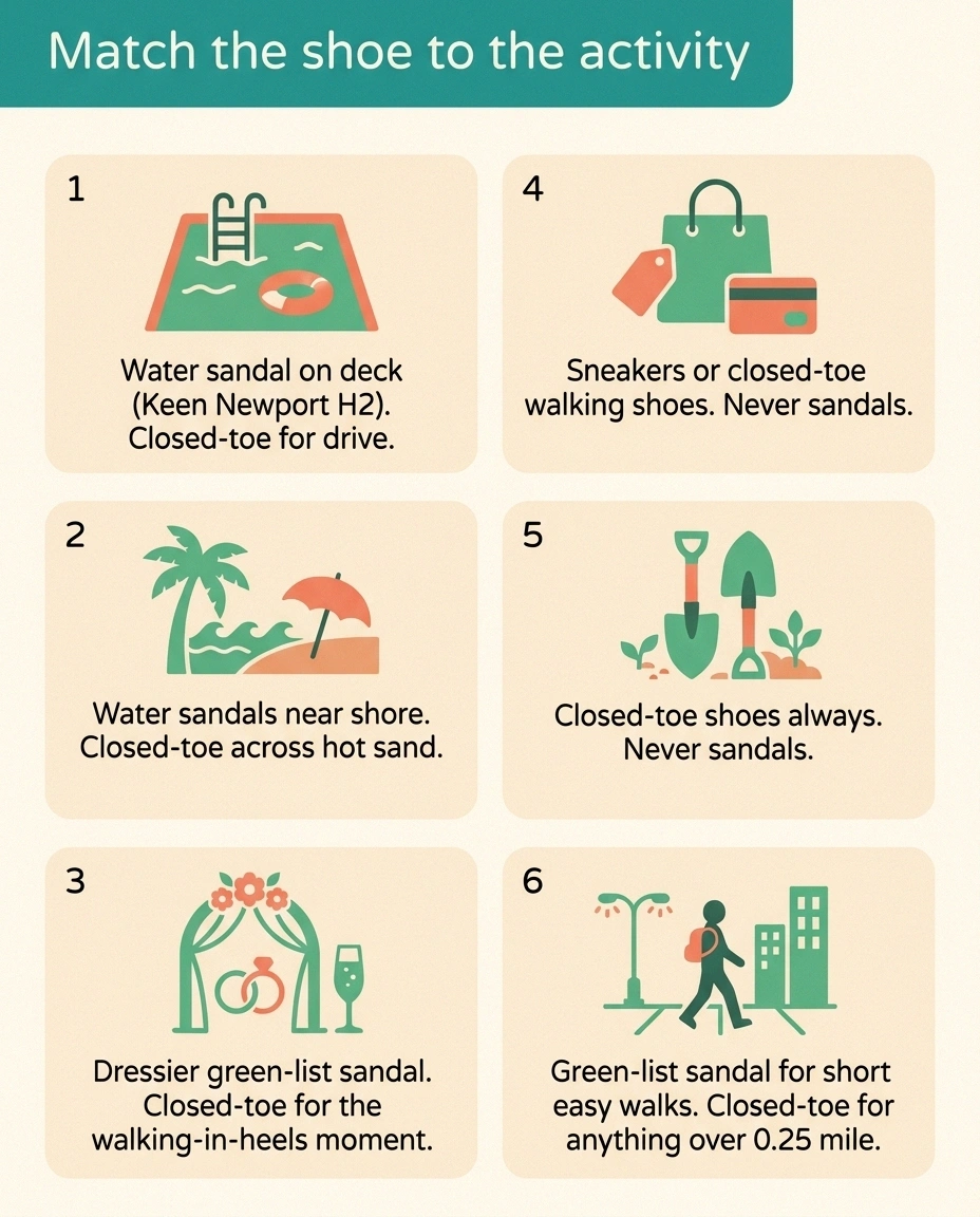 Six-card infographic matching summer activities to the appropriate footwear for neuropathy patients — pool, beach, wedding, shopping, yard work, and neighborhood walk.