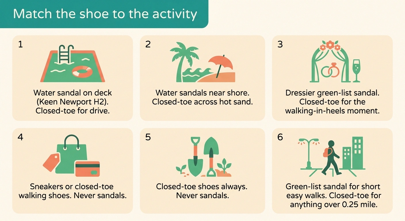 Six-card infographic matching summer activities to the appropriate footwear for neuropathy patients — pool, beach, wedding, shopping, yard work, and neighborhood walk.