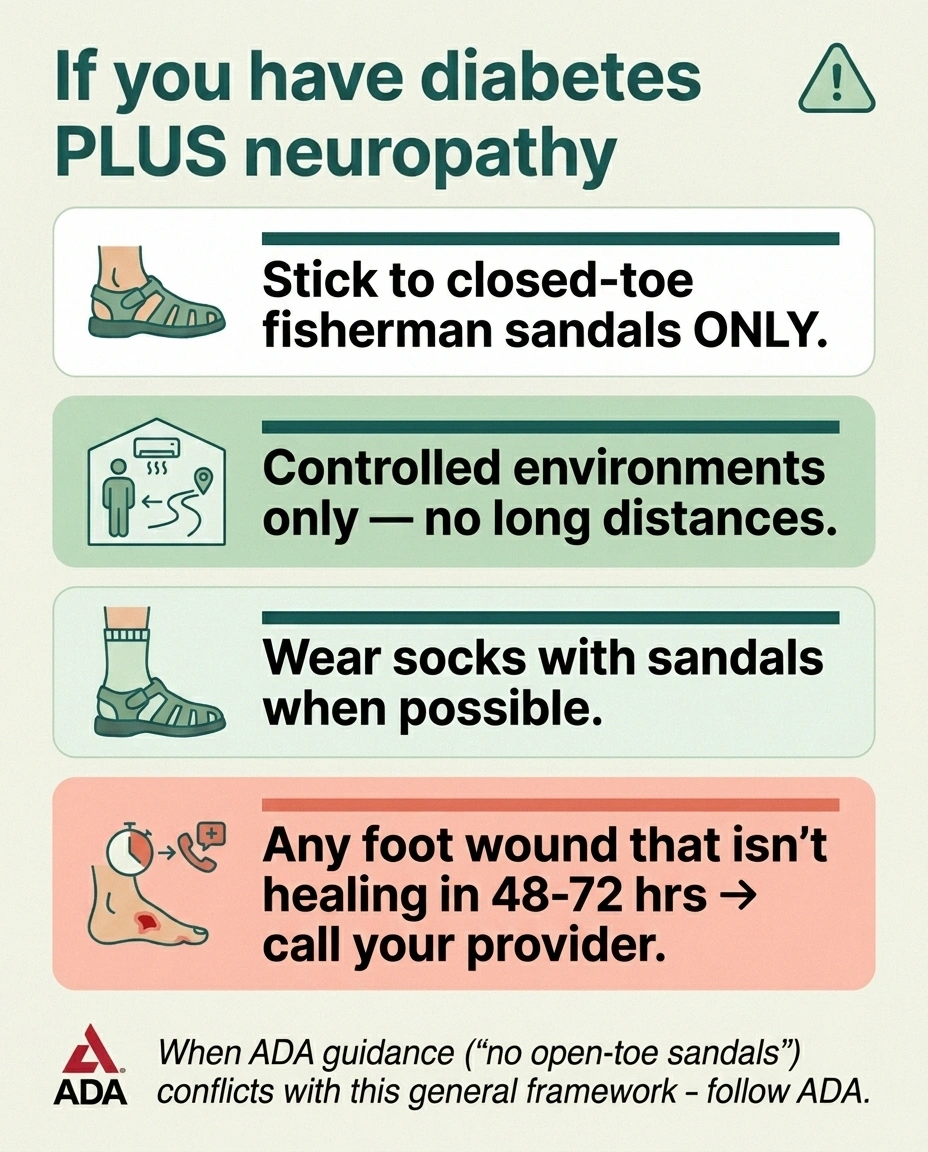 Infographic showing the tighter footwear rules for people with both diabetes and neuropathy — closed-toe fisherman only, controlled environments only, socks recommended, and prompt attention to non-healing wounds.