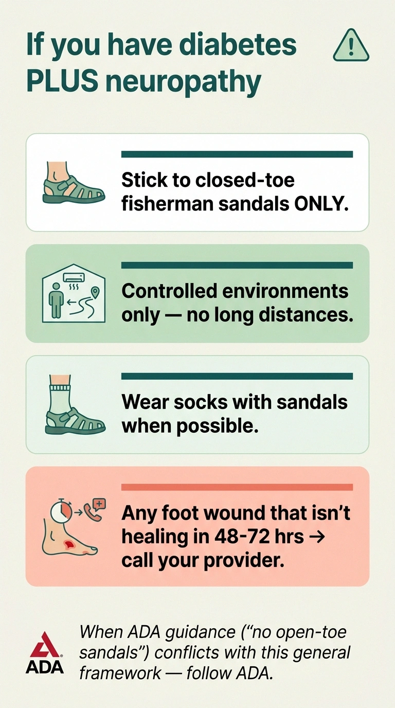 Infographic showing the tighter footwear rules for people with both diabetes and neuropathy — closed-toe fisherman only, controlled environments only, socks recommended, and prompt attention to non-healing wounds.