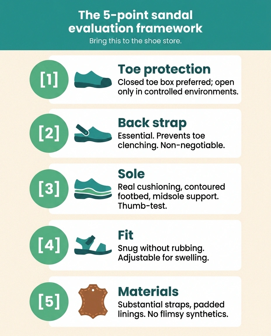 Vertical infographic summarizing the five-point sandal evaluation framework for neuropathy — toes, back strap, sole, fit, materials.