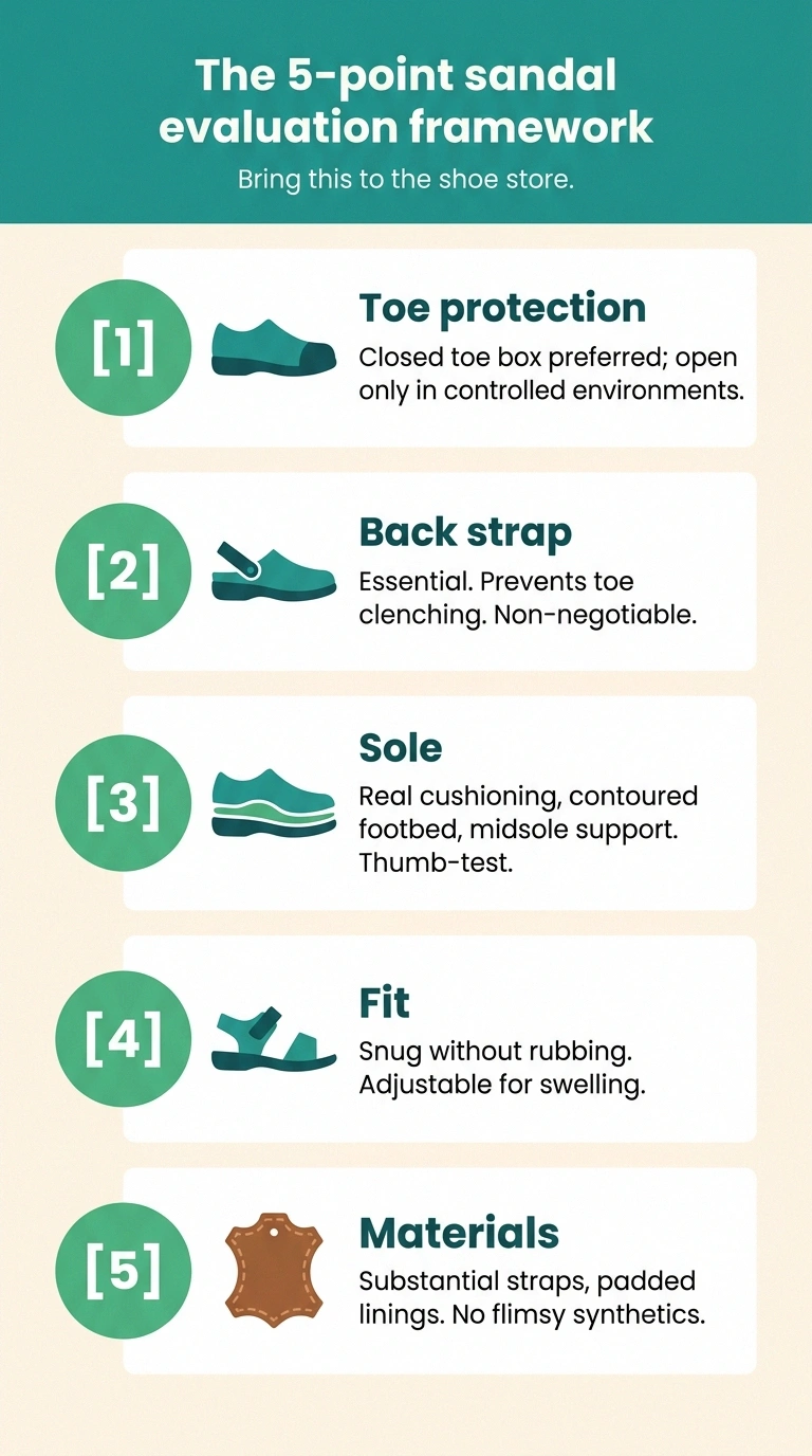 Vertical infographic summarizing the five-point sandal evaluation framework for neuropathy — toes, back strap, sole, fit, materials.