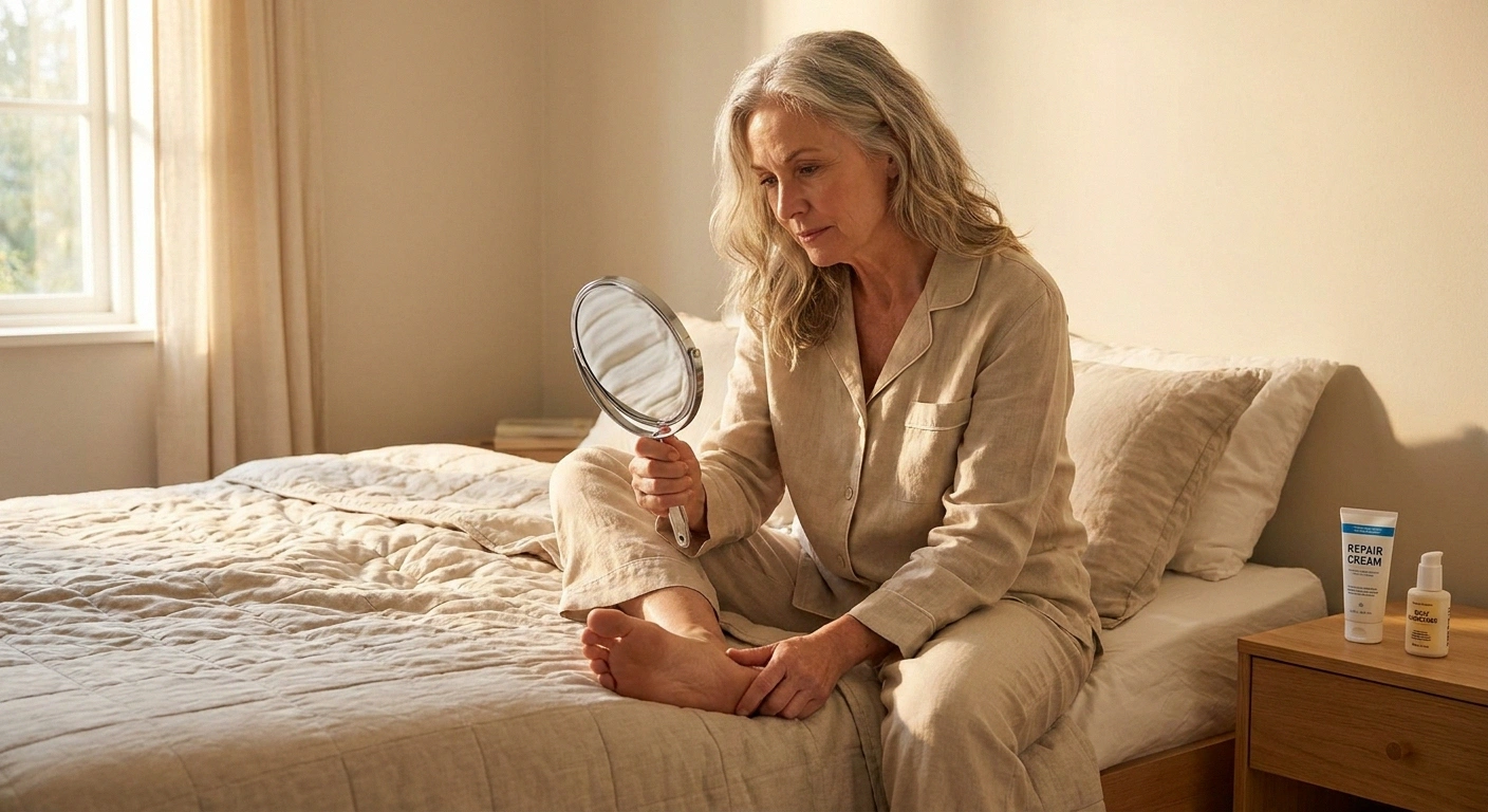 Older woman doing her twice-daily foot inspection with a hand mirror in her bedroom — the essential summer habit for anyone with neuropathy who wears sandals.
