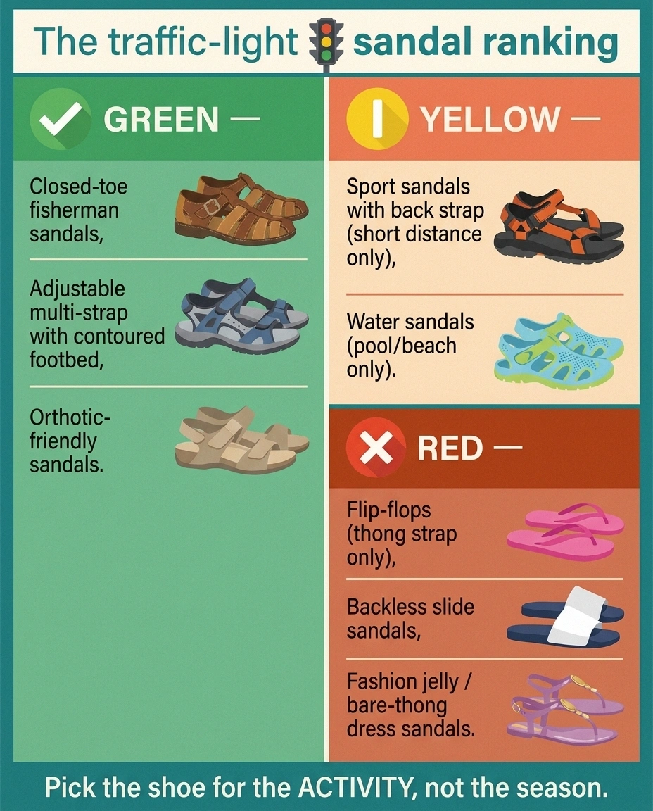 Traffic-light infographic ranking sandal types for neuropathy — green (closed-toe fisherman, adjustable multi-strap, orthotic-friendly), yellow (sport, water), red (flip-flops, slides, fashion jellies).