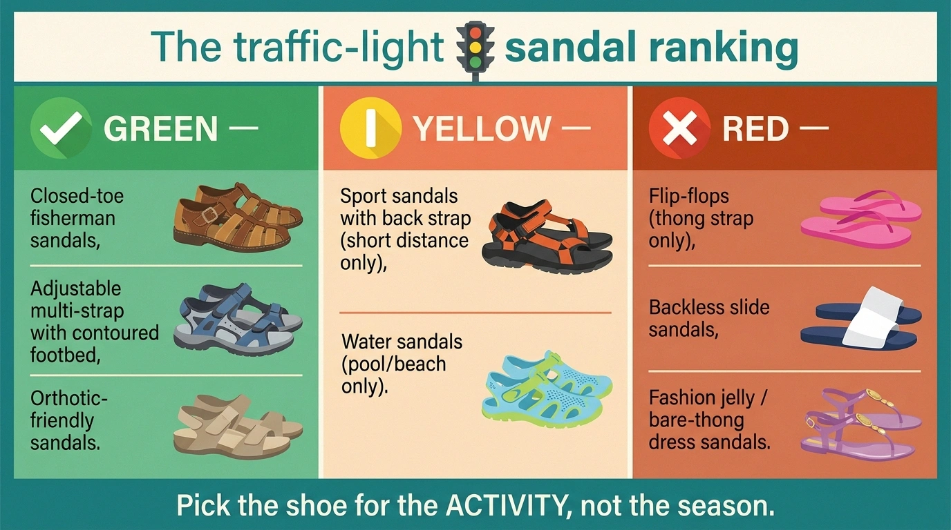 Traffic-light infographic ranking sandal types for neuropathy — green (closed-toe fisherman, adjustable multi-strap, orthotic-friendly), yellow (sport, water), red (flip-flops, slides, fashion jellies).