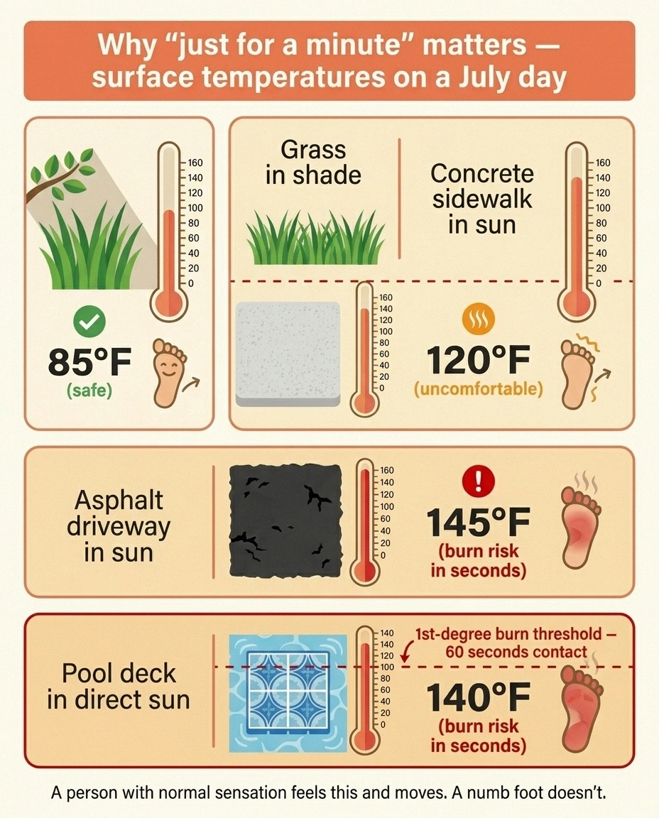 Infographic showing typical summer surface temperatures — grass 85°F, sidewalk 120°F, asphalt 145°F, pool deck 140°F — with the first-degree burn threshold at 118°F for undetected foot burns.