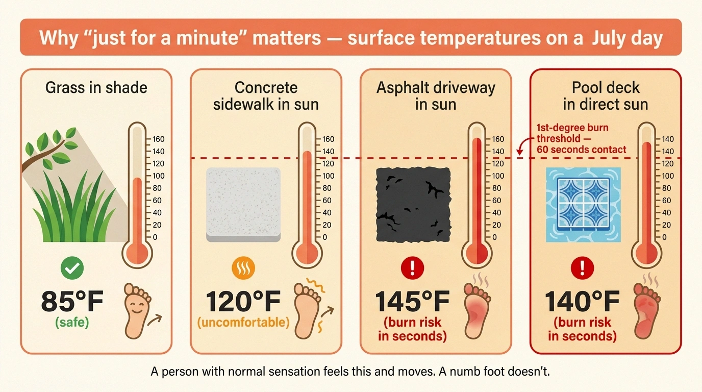 Infographic showing typical summer surface temperatures — grass 85°F, sidewalk 120°F, asphalt 145°F, pool deck 140°F — with the first-degree burn threshold at 118°F for undetected foot burns.