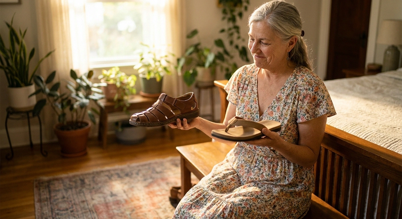 Woman with neuropathy comparing a safe closed-toe fisherman sandal with a flip-flop — the everyday choice this article helps her make.