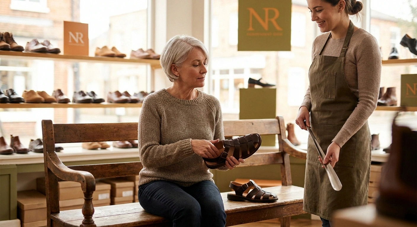 Woman applying the five-point sandal evaluation framework in a shoe store, thumb-testing the footbed of a closed-toe fisherman sandal — the confident, informed shopping approach the article teaches.