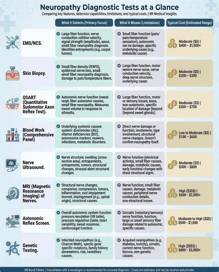 Comparison infographic of neuropathy diagnostic tests including EMG, skin biopsy, QSART, and blood work