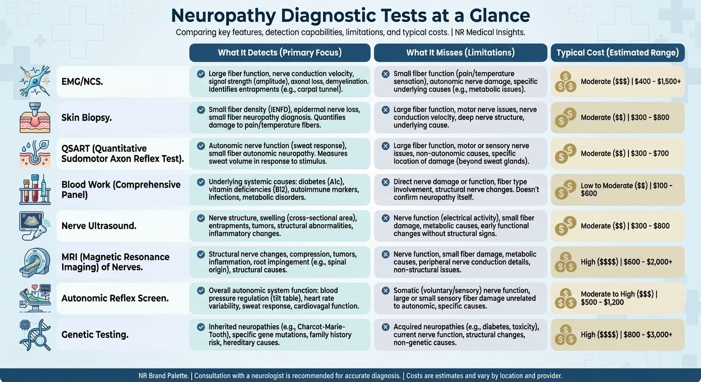Comparison infographic of neuropathy diagnostic tests including EMG, skin biopsy, QSART, and blood work