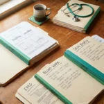 Neuropathy diagnostic test reports laid out on a warm wooden table beside a cup of tea