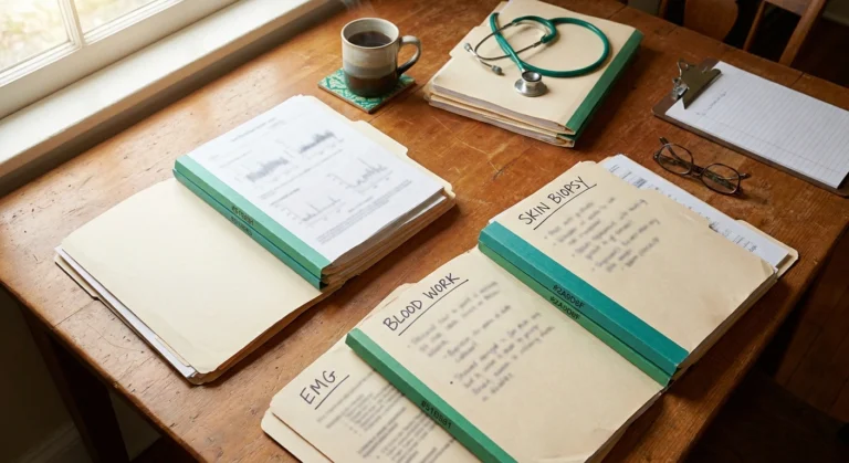 Neuropathy diagnostic test reports laid out on a warm wooden table beside a cup of tea