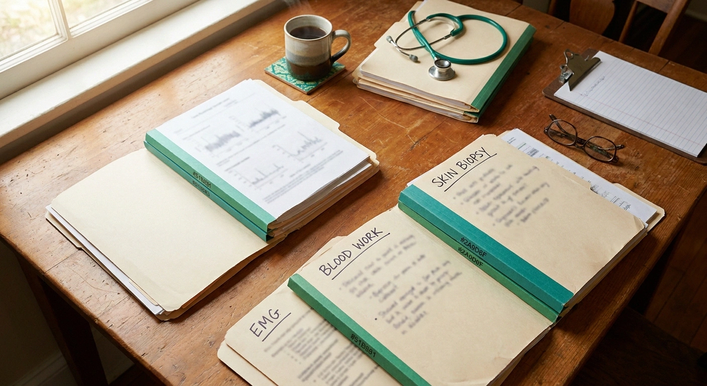 Neuropathy diagnostic test reports laid out on a warm wooden table beside a cup of tea