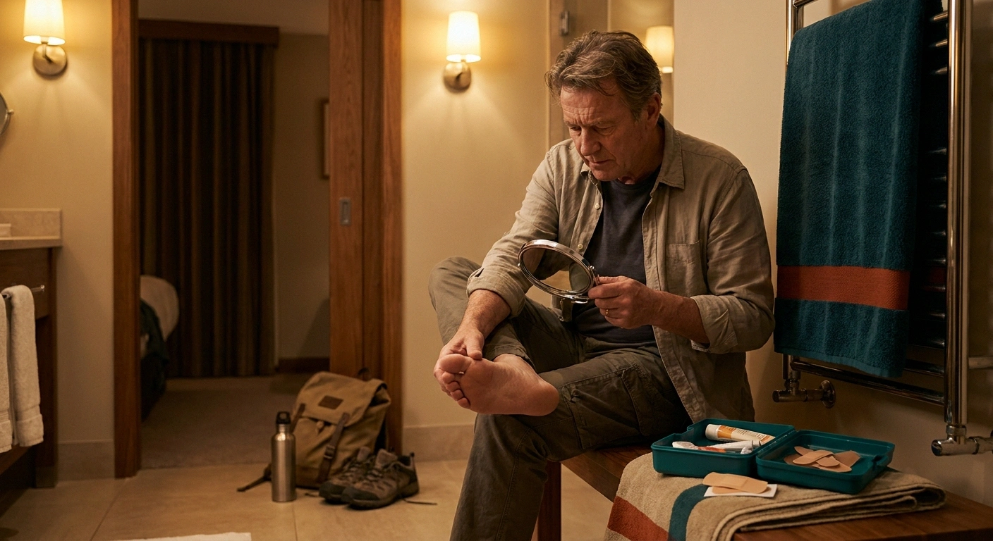 Older man performing careful end-of-day foot inspection after a theme park day with a handheld mirror and first-aid supplies.