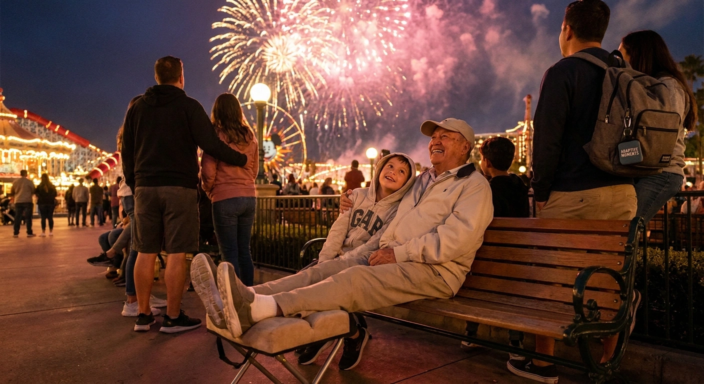 Multi-generational family watching theme park fireworks together — the adaptive planning made the moment possible.