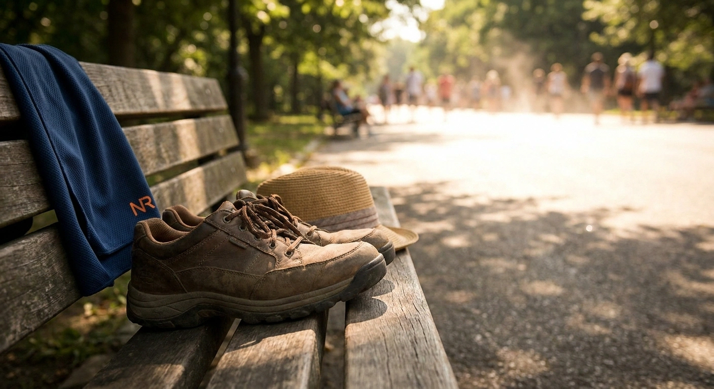 Closed-toe walking shoes, wide-brim hat, and cooling towel on shaded park bench — essential protection from hot pavement.