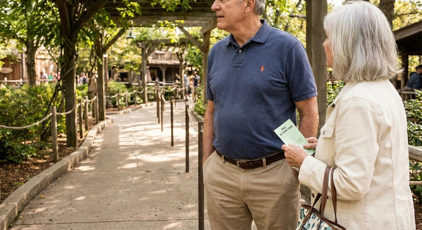 Mature couple in theme park queue with man performing subtle calf raises, woman holding DAS return-time pass — adaptive line-standing techniques.