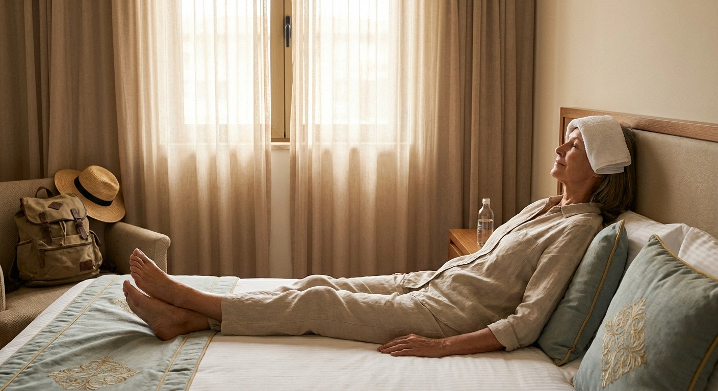 Mature woman taking a mid-day theme park break in the hotel room with feet elevated on pillows for restorative rest.