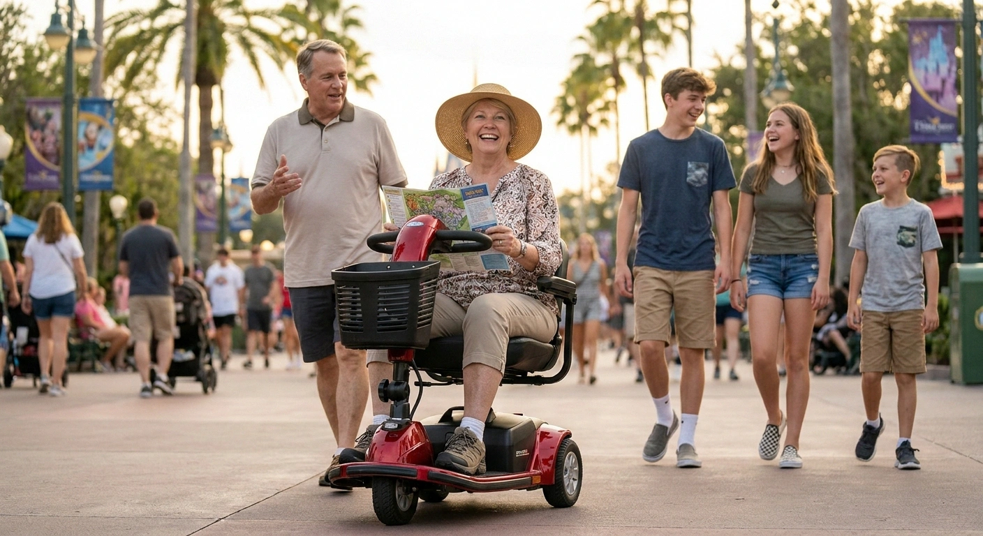 Mature woman enjoying theme park day on rented mobility scooter with family walking alongside — normalized adaptive equipment use.