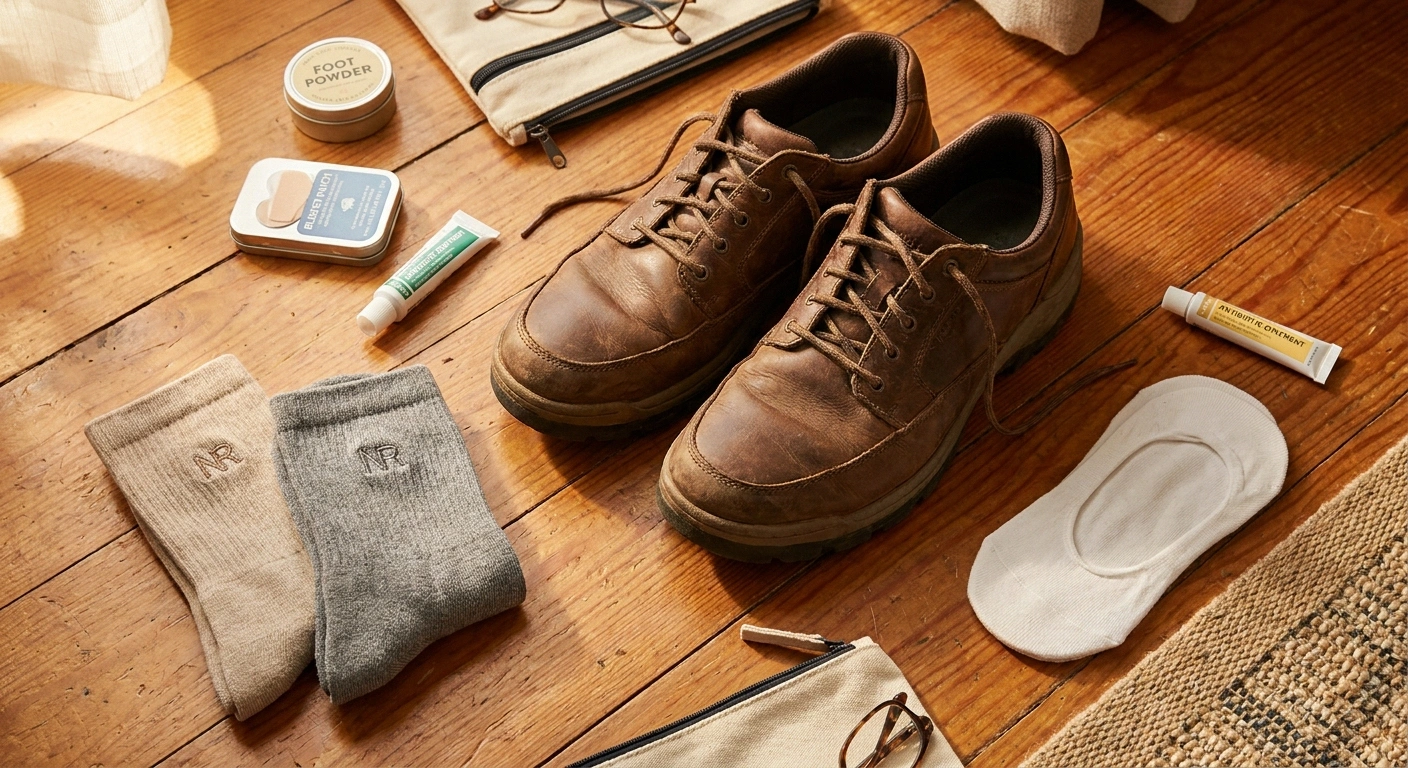Complete theme park foot care kit for neuropathy — supportive walking shoes, moisture-wicking socks, blister patches, foot powder.