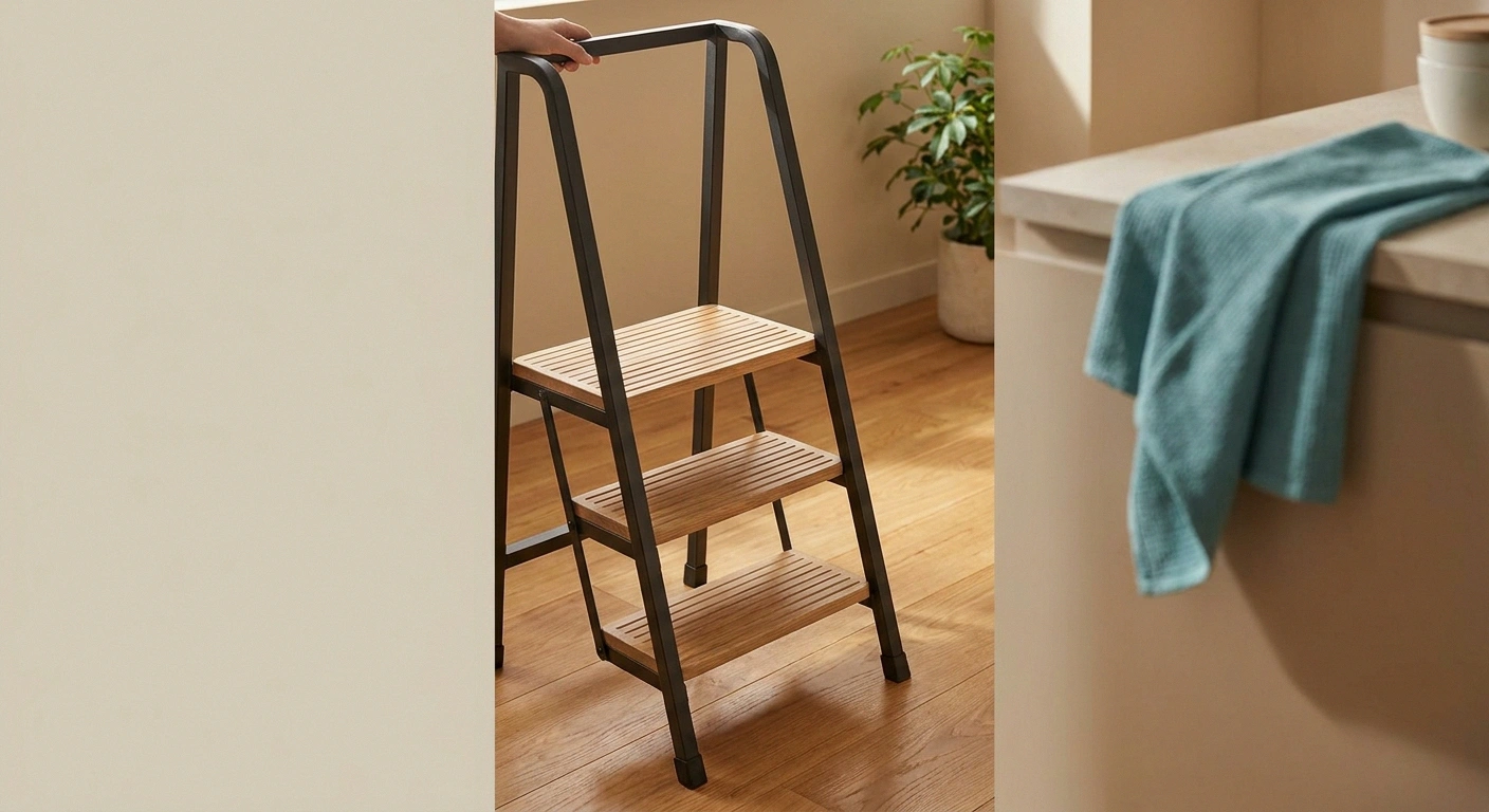 Well-designed home step stool with wide non-slip treads and tall handrail