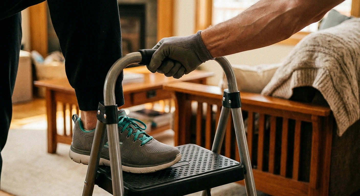 Close-up of proper handrail grip and centered foot placement on a step stool
