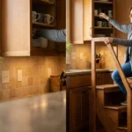 Woman using a sturdy step stool with tall handrail to safely reach a kitchen cabinet