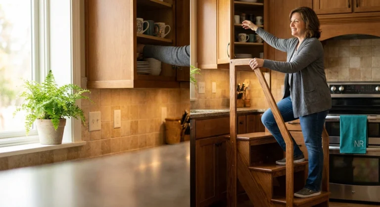 Woman using a sturdy step stool with tall handrail to safely reach a kitchen cabinet