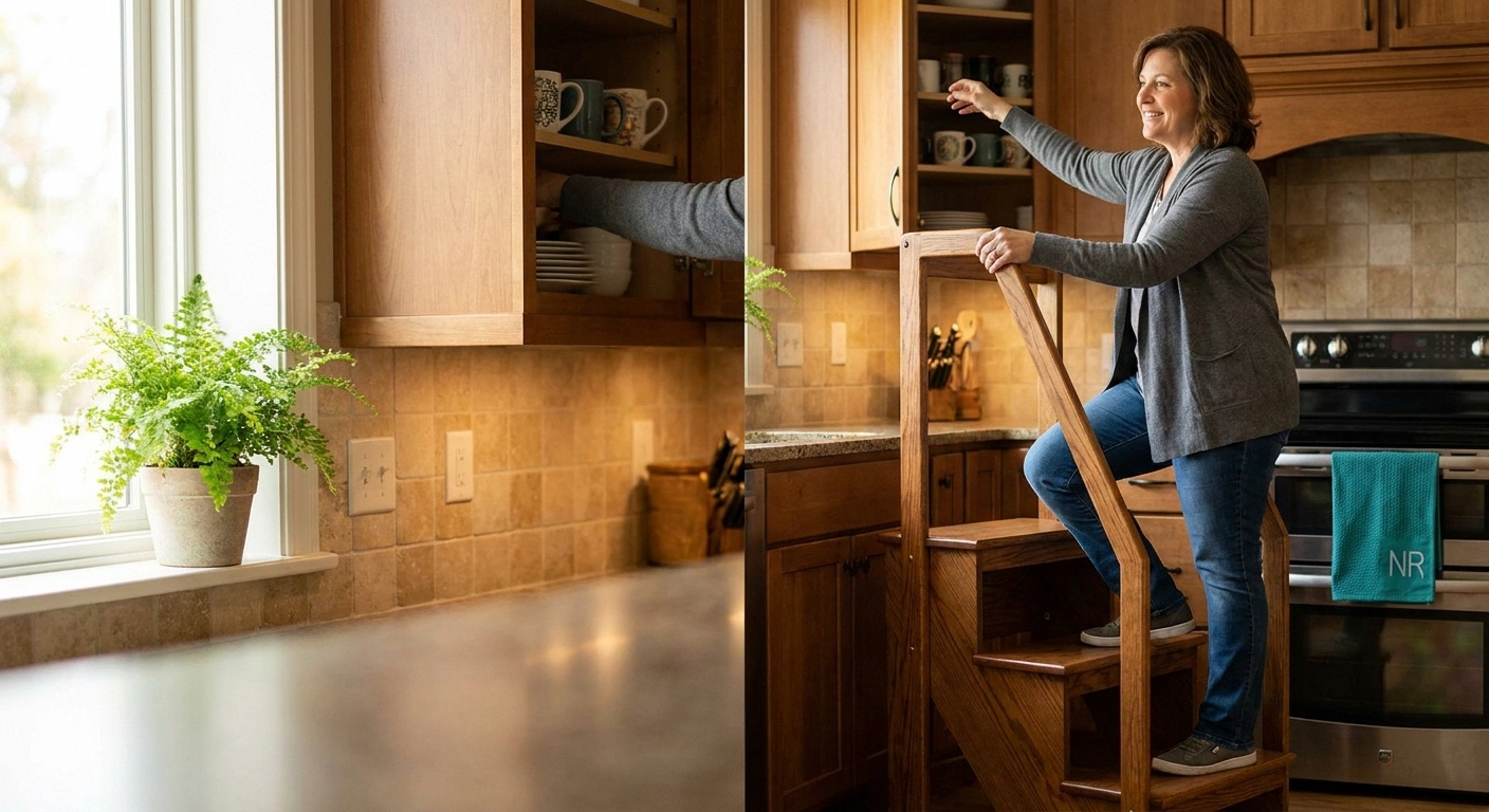 Woman using a sturdy step stool with tall handrail to safely reach a kitchen cabinet