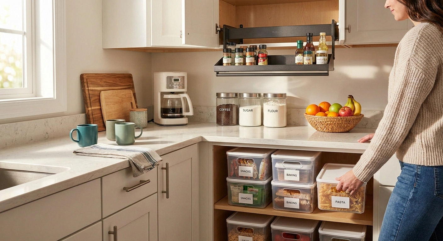 Well-organized kitchen with daily items at reachable waist height and pull-down shelf