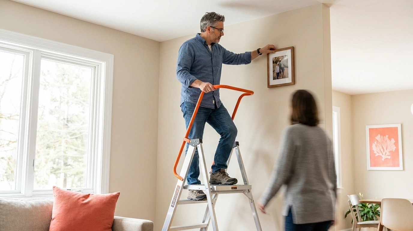 Man using a platform step ladder with handrail and spotter to hang a picture at home