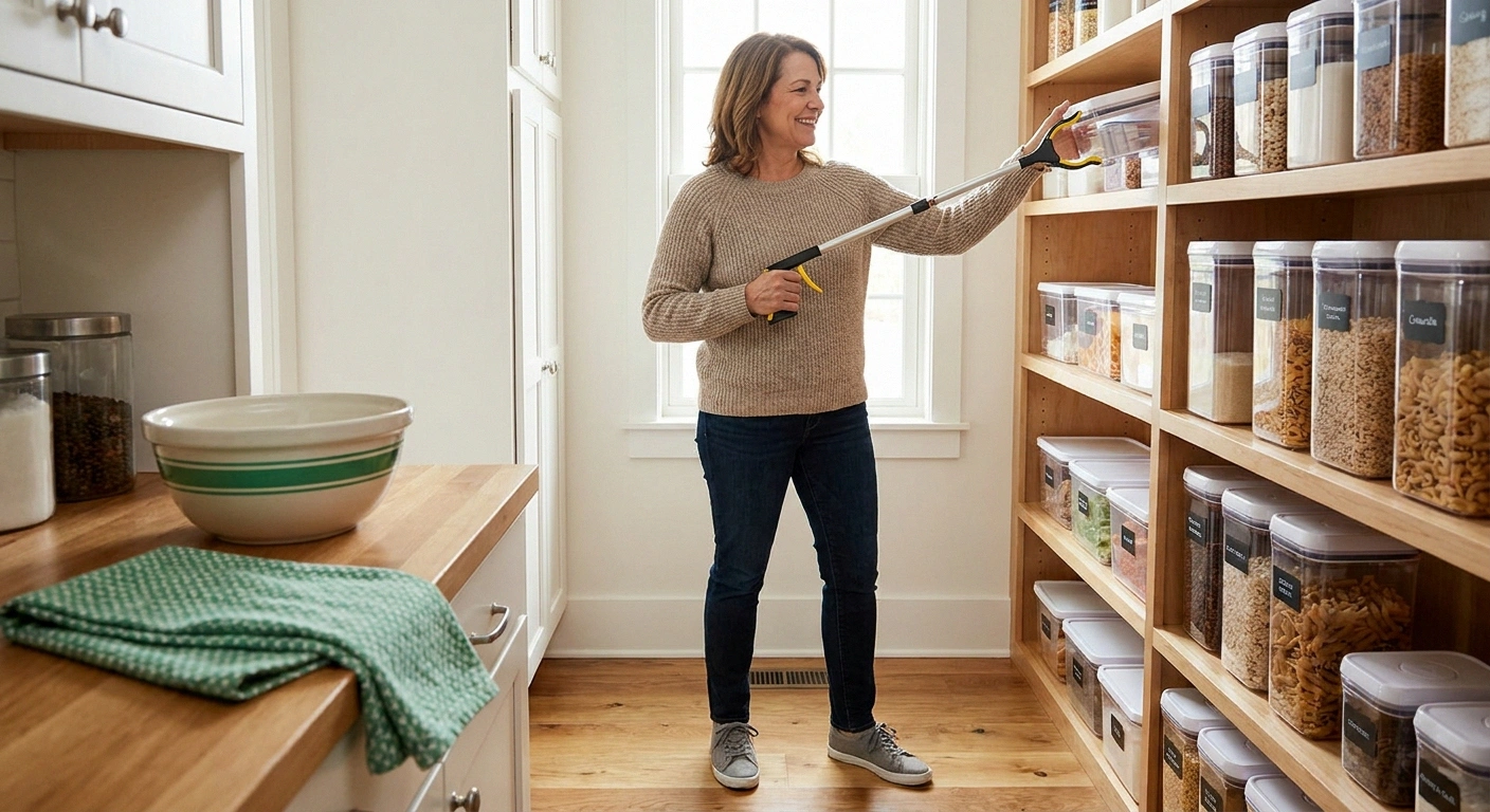 Woman using a long reacher grabber tool to retrieve items from a high pantry shelf