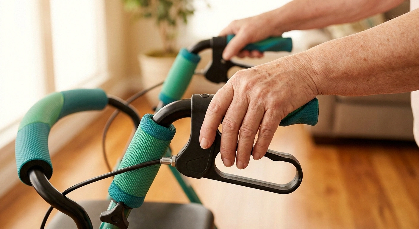 Close-up of an older adult's hand resting on a rollator's padded grip and loop hand brake.