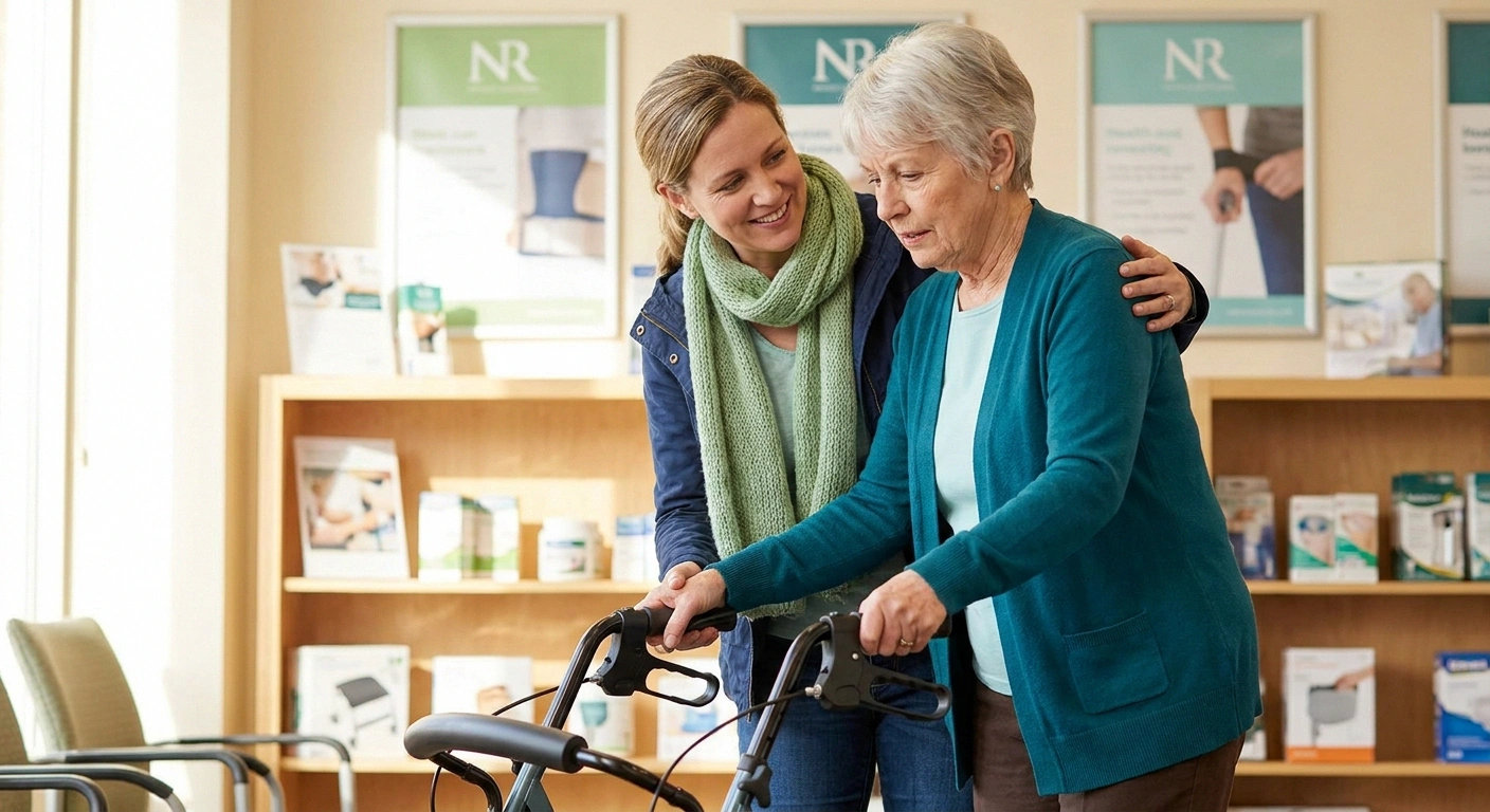 Adult daughter helping her mother test the brakes on a rollator at a durable medical equipment showroom.