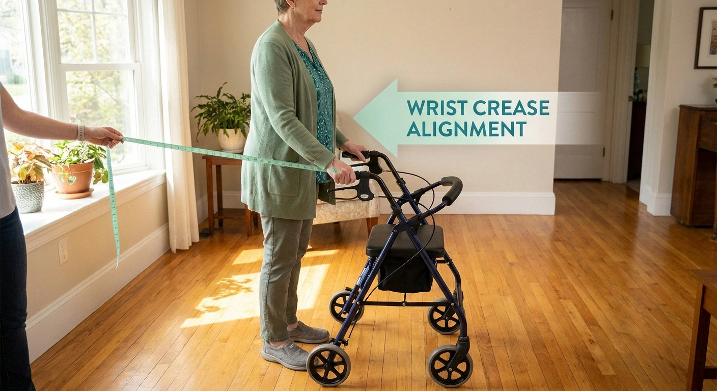 Woman standing next to a rollator to demonstrate the correct handle height at the wrist crease.