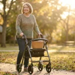 Older woman walking confidently outdoors with a four-wheel rollator on a bright neighborhood sidewalk.
