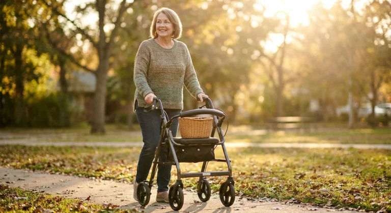 Older woman walking confidently outdoors with a four-wheel rollator on a bright neighborhood sidewalk.