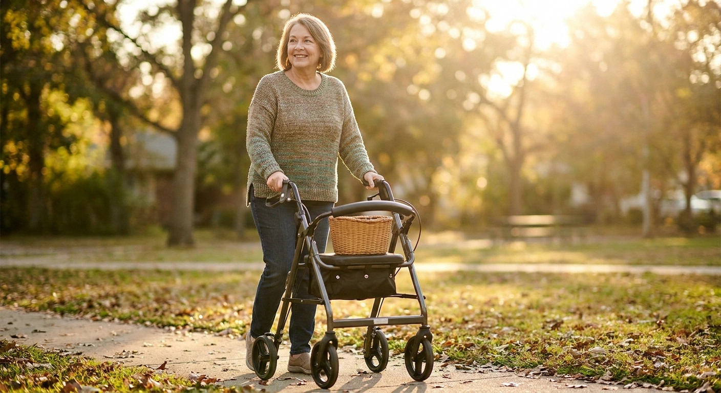 Older woman walking confidently outdoors with a four-wheel rollator on a bright neighborhood sidewalk.