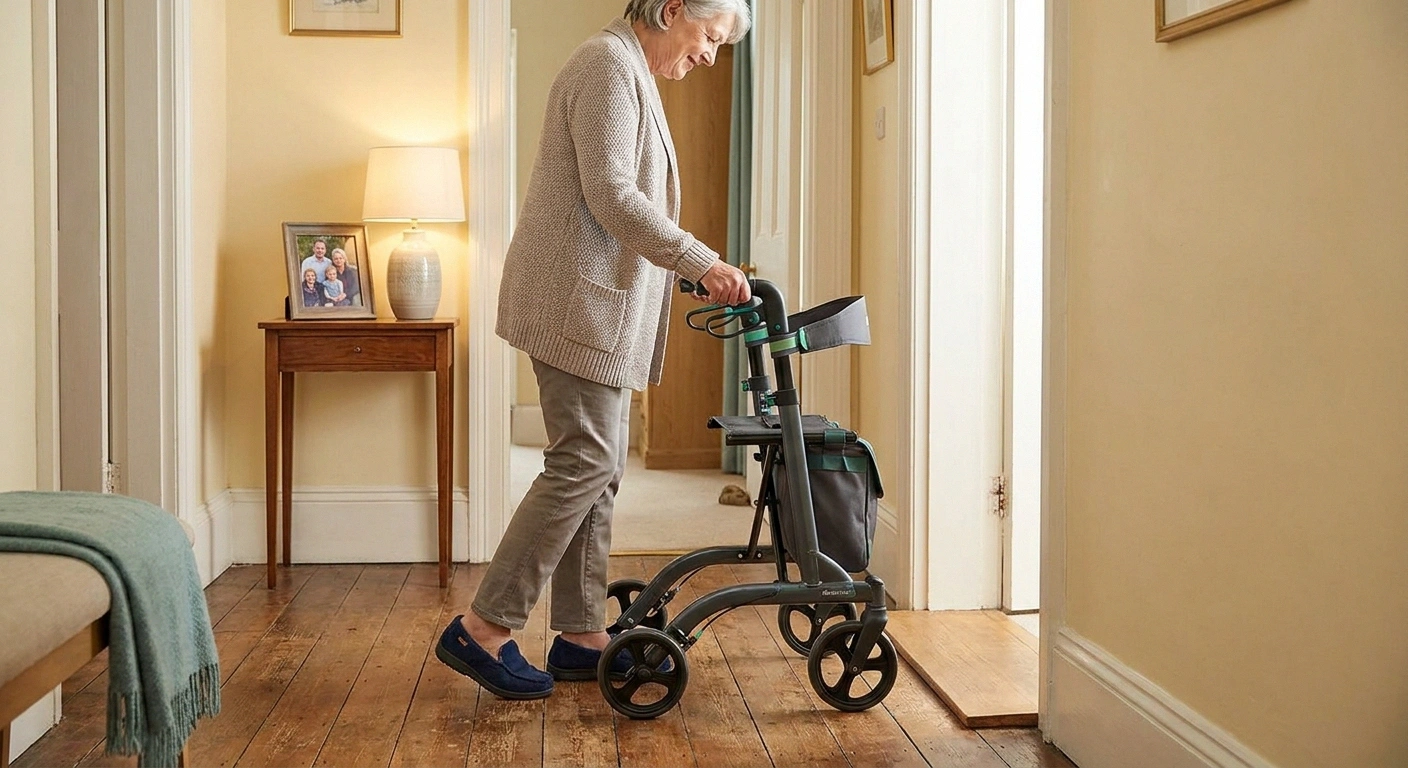 Older adult pushing a rollator through a home hallway, illustrating safe indoor use around doorways.