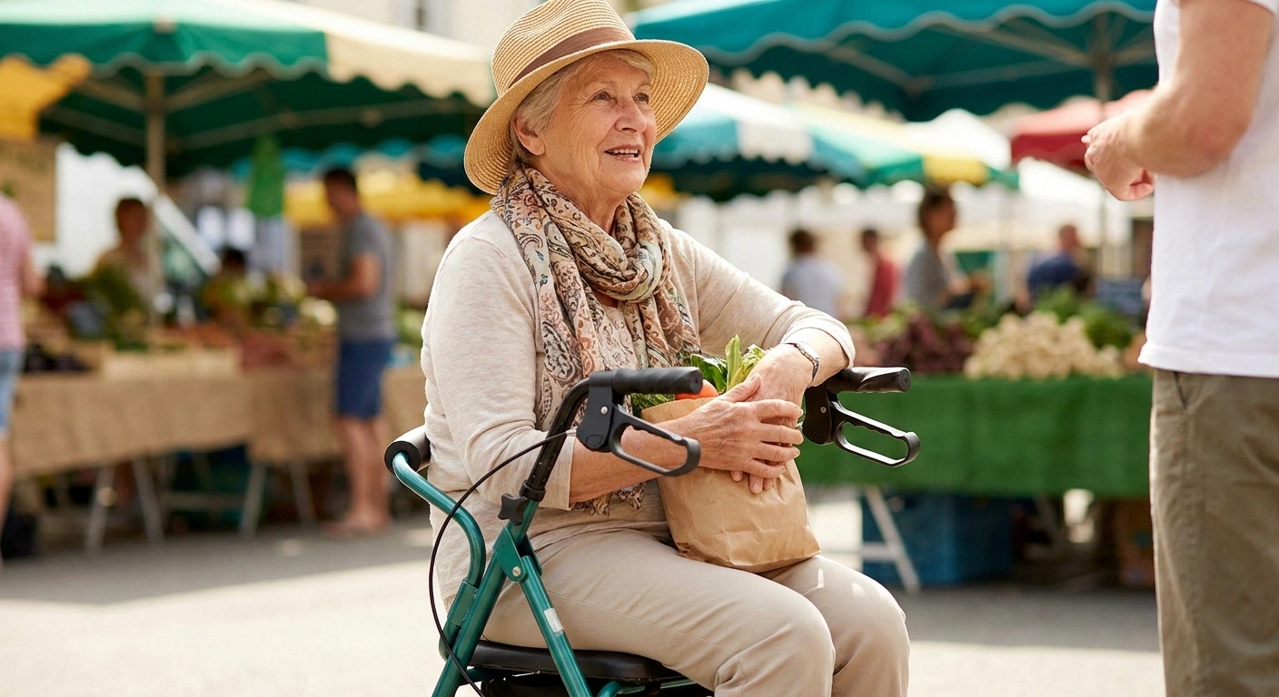 Older woman resting on her rollator's seat with brakes locked at an outdoor farmer's market.