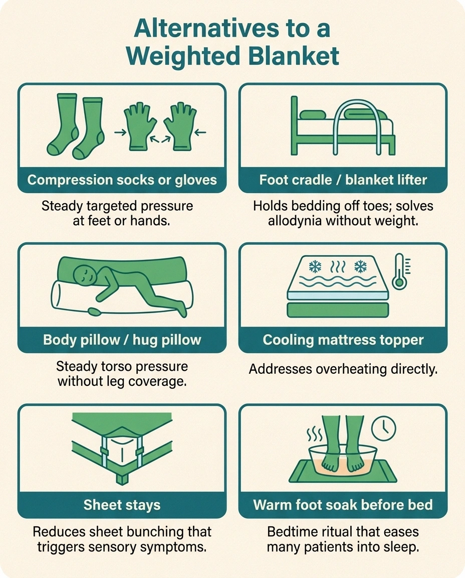 An infographic grid showing six alternatives to a weighted blanket for neuropathy patients, including compression socks, foot cradles, body pillows, and cooling toppers.