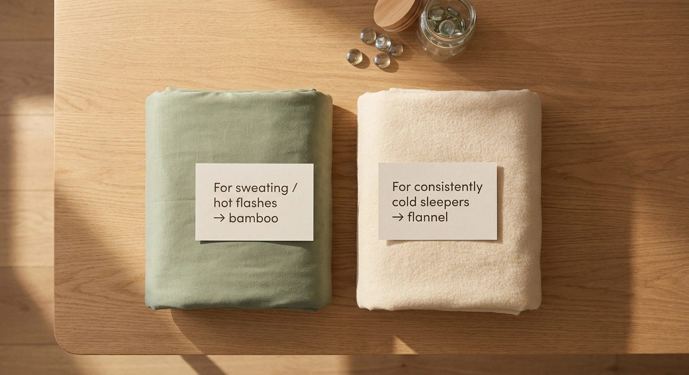 An overhead flat-lay comparing a cooling bamboo weighted blanket and a warm cotton flannel weighted blanket with a fabric-choice guide card between them.